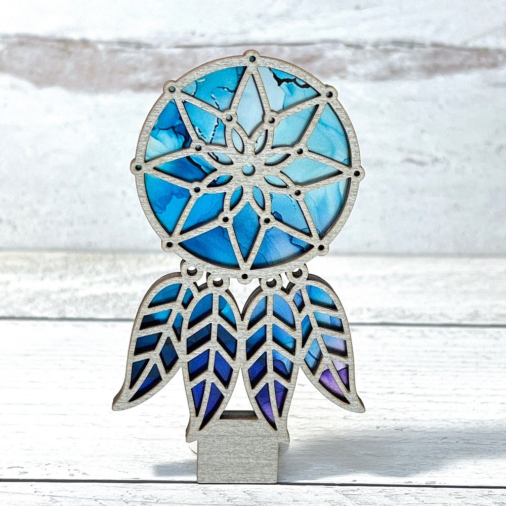 Dreamcatcher Night Light Handmade Alcohol Ink Blue Purple Boho Wall Plug - Picture 3 of 8